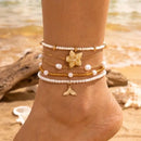 Bohemia Multilayer Rice Bead Anklet Set for Women Fashion Starfish Pendant Anklets Summer Sandy Beach Ankle Chain On Leg Jewelry