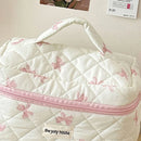 Cute Bow Flower Quilting Cotton Makeup Bag Women Zipper Cosmetic Organizer Female Cloth Handbag Portable Toiletry Case for Girls